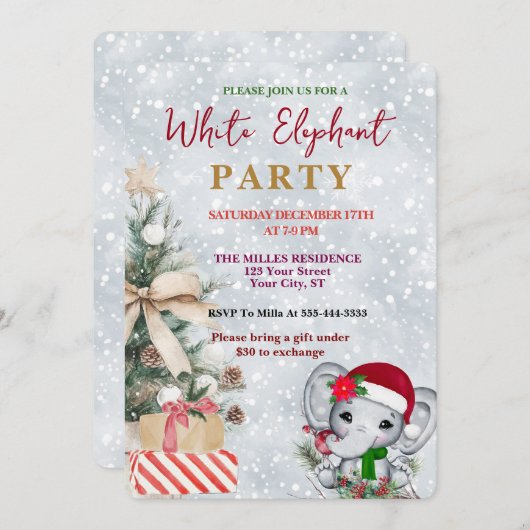 Modern White Elephant Gift Exchange Holiday Party  招待状 (正面/裏面)