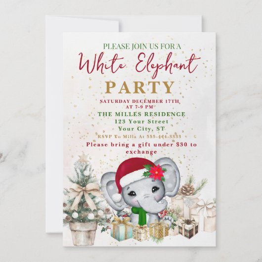 Modern White Elephant Gift Exchange Party 招待状 (正面)