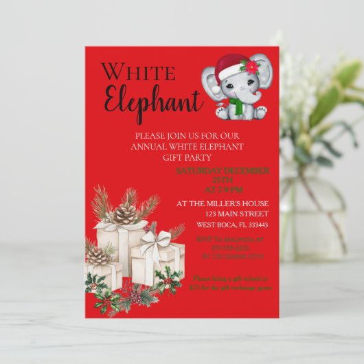 Modern White Elephant Kids Christmas party  招待状 (スタンド正面)