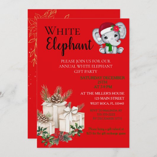 Modern White Elephant Kids Christmas party 招待状 (正面/裏面)
