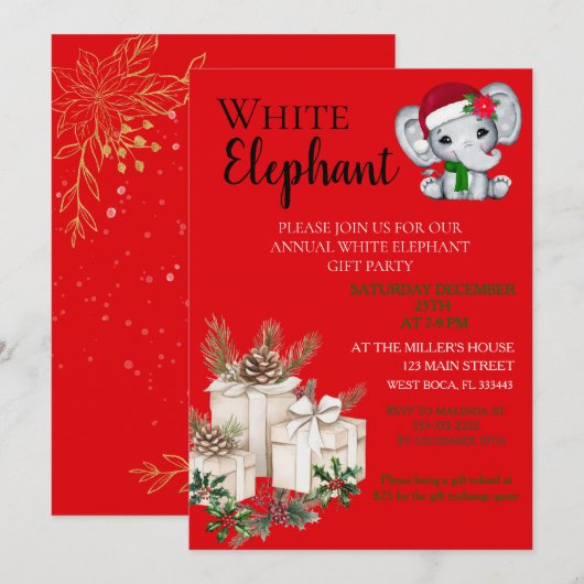 Modern White Elephant Kids Christmas party  招待状 (正面/裏面)
