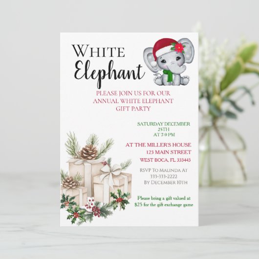 Modern White Elephant Kids Christmas party  招待状 (スタンド正面)
