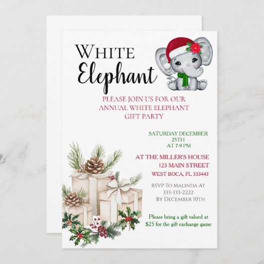 Modern White Elephant Kids Christmas party 招待状 (正面/裏面)