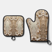Modern White Flowers Pearls 鍋つかみ&鍋敷きセット (正面)