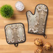 Modern White Flowers Pearls 鍋つかみ&鍋敷きセット (トップダウン)