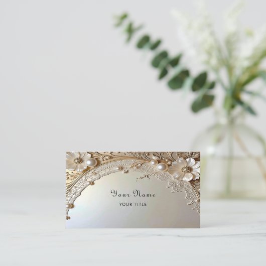 Modern White Flowers Pearls Business Card 名刺 (スタンド正面)