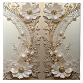Modern White Flowers Pearls Ceramic Tile タイル (正面)