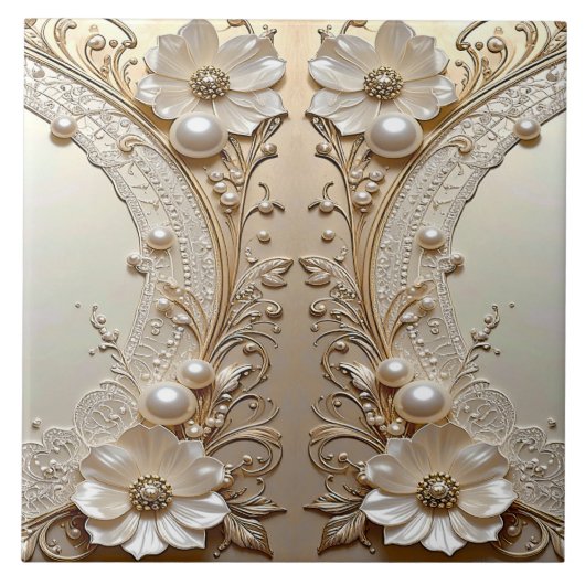 Modern White Flowers Pearls Ceramic Tile タイル (正面)