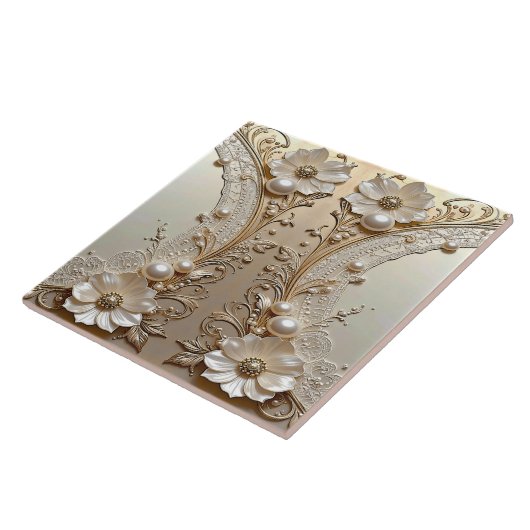Modern White Flowers Pearls Ceramic Tile タイル (側面)
