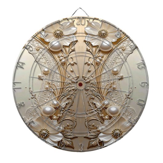 Modern White Flowers Pearls Dartboard ダーツボード (正面)