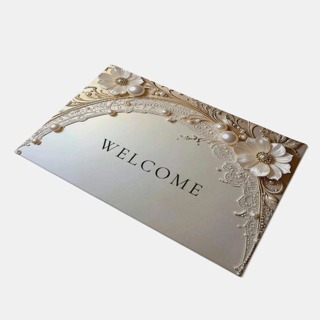 Modern White Flowers Pearls Doormat ドアマット (アングル)