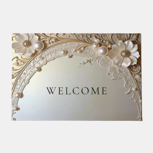 Modern White Flowers Pearls Doormat ドアマット (正面)