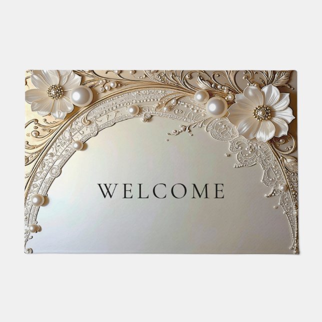Modern White Flowers Pearls Doormat ドアマット (正面)