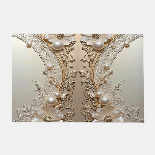 Modern White Flowers Pearls Doormat ドアマット (正面)