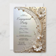 Modern White Flowers Pearls Engagement Invitation