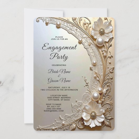 Modern White Flowers Pearls Engagement Invitation 招待状 (正面)