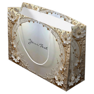 Modern White Flowers Pearls Gift Bag ラージペーパーバッグ