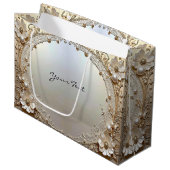 Modern White Flowers Pearls Gift Bag ラージペーパーバッグ (正面アングル)