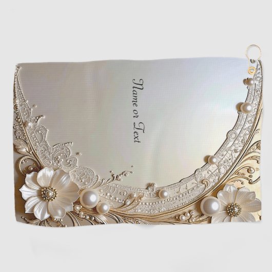 Modern White Flowers Pearls Golf Towel ゴルフタオル (横)