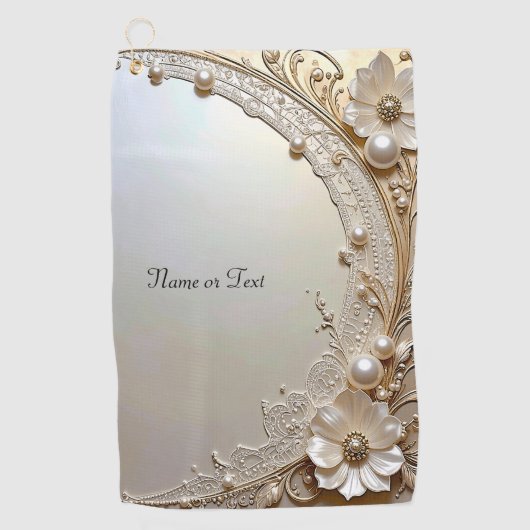 Modern White Flowers Pearls Golf Towel ゴルフタオル (正面)