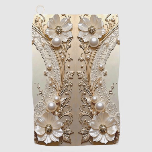 Modern White Flowers Pearls Golf Towel ゴルフタオル (正面)