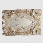 Modern White Flowers Pearls Golf Towel ゴルフタオル (横)