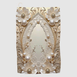 Modern White Flowers Pearls Golf Towel ゴルフタオル