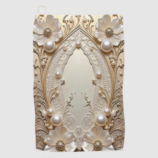 Modern White Flowers Pearls Golf Towel ゴルフタオル (正面)