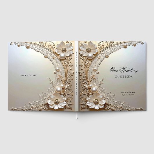 Modern White Flowers Pearls Guest Book ゲストブック (全面)