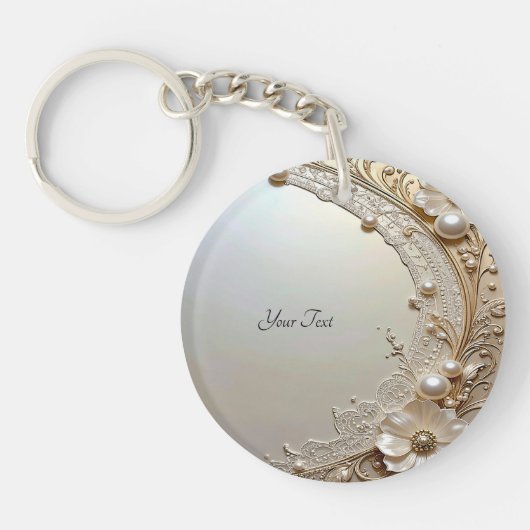 Modern White Flowers Pearls Keychain キーホルダー (正面)