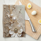 Modern White Flowers Pearls Kitchen Towel キッチンタオル (四つ折り)