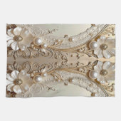 Modern White Flowers Pearls Kitchen Towel キッチンタオル (横)