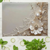 Modern White Flowers Pearls Kitchen Towel キッチンタオル (折り畳み)