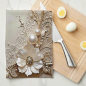 Modern White Flowers Pearls Kitchen Towel キッチンタオル (四つ折り)