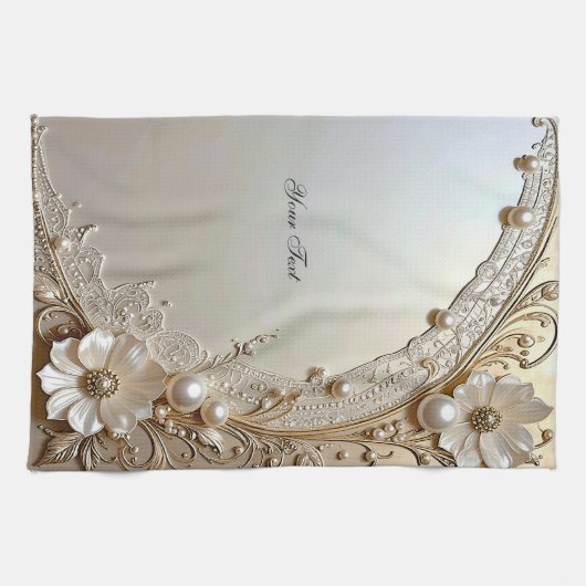 Modern White Flowers Pearls Kitchen Towel キッチンタオル (横)
