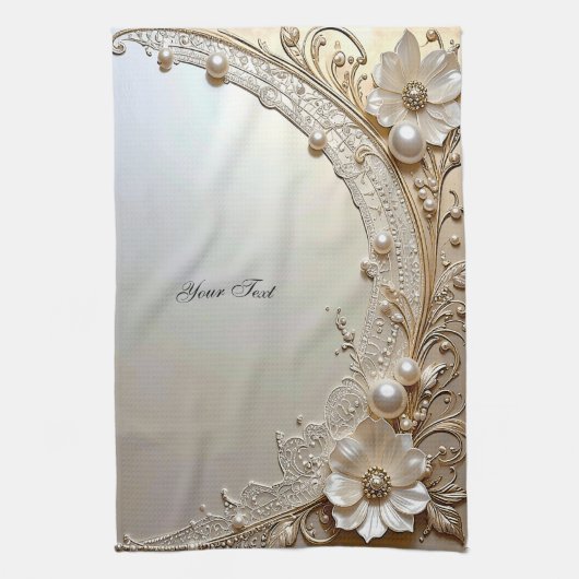 Modern White Flowers Pearls Kitchen Towel キッチンタオル (縦)