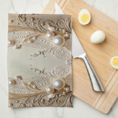 Modern White Flowers Pearls Kitchen Towel キッチンタオル (四つ折り)