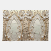 Modern White Flowers Pearls Kitchen Towel キッチンタオル (横)