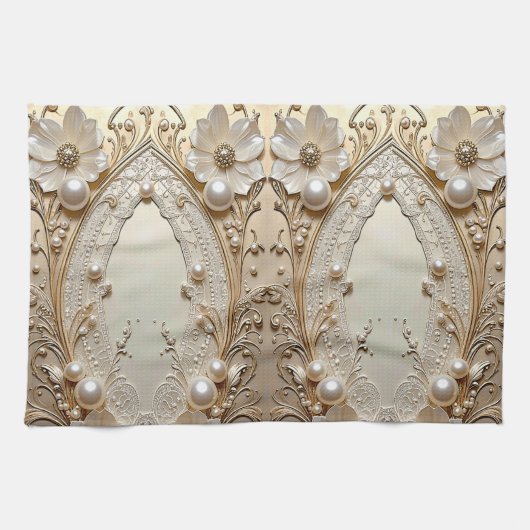 Modern White Flowers Pearls Kitchen Towel キッチンタオル (横)