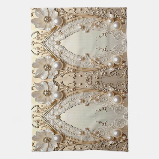 Modern White Flowers Pearls Kitchen Towel キッチンタオル (縦)