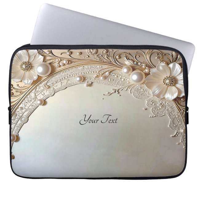 Modern White Flowers Pearls Laptop Sleeve ラップトップスリーブ (正面)