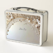 Modern White Flowers Pearls Lunchbox メタルランチボックス (裏面)