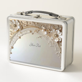 Modern White Flowers Pearls Lunchbox メタルランチボックス
