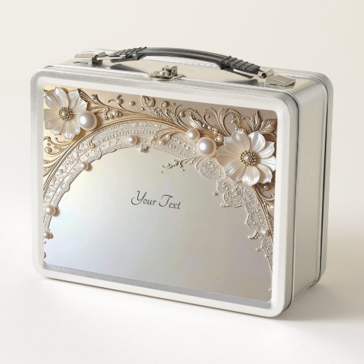 Modern White Flowers Pearls Lunchbox メタルランチボックス (正面)