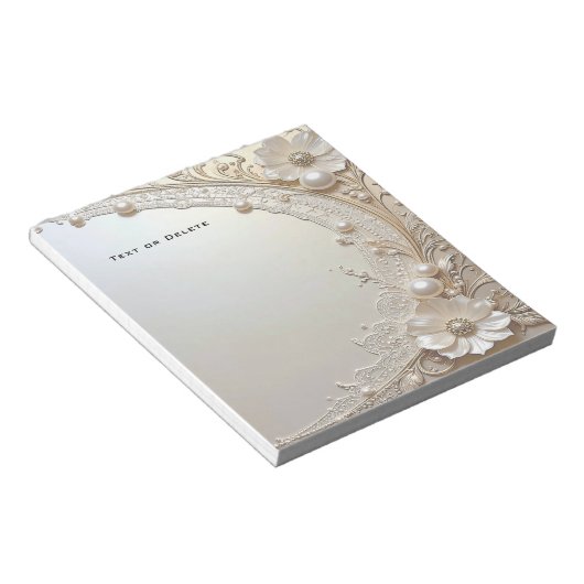 Modern White Flowers Pearls Notepad ノートパッド (アングル)