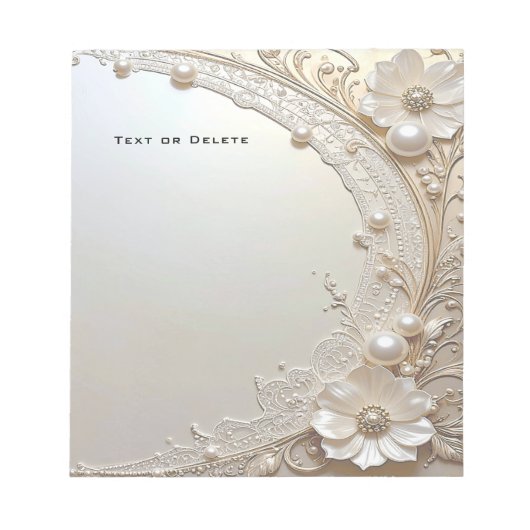 Modern White Flowers Pearls Notepad ノートパッド (正面)