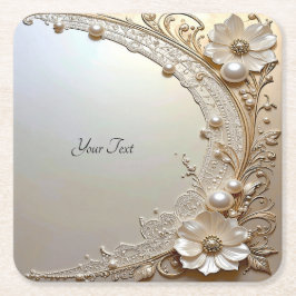 Modern White Flowers Pearls Paper Coaster スクエアペーパーコースター