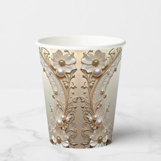 Modern White Flowers Pearls Paper Cups 紙コップ (裏面)