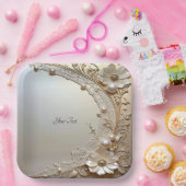 Modern White Flowers Pearls Paper Plate ペーパープレート (パーティー)