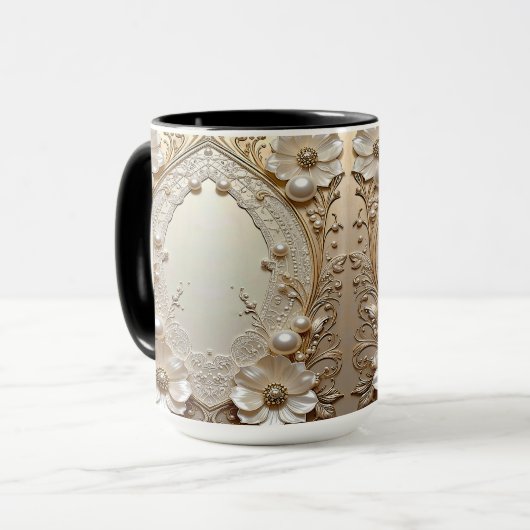 Modern White Flowers Pearls Pearls Mug マグカップ (正面左)